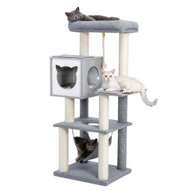 Cat Tree 52 Inches Multi-Level Modern Wooden Cat Tower with Hammock and Scratching Posts and Cat Condo for Adult Cats Gray