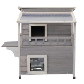 Double Story Outdoor Cat House with Sun Panels and Balcony - Gray