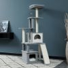 Modern Wood Cat Tree Cats Multi Floor Large Play Tower Sisal Scratching Post Kitten Furniture Activity Centre With Condo Playhouse Dangling Toy Grey