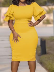 Plus Size Ruffle Trim Solid Round Neck Bodycon Dress; Women's Plus Elegant Medium Stretch Bodycon Dress (Color: yellow, size: XL)