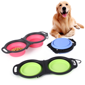 Rubber Folding Double Bowl Portable Pet Feeding Watering Bowl Outdoor Dog Food Bowl Cat Folding Food Multicolor Utensils (Color: green)