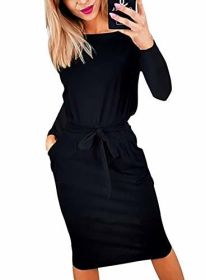 2023 Fashion Fall Dresses for Women Casual Long Sleeve Belted Party Bodycon Sheath Pencil Dress (Color: Black, size: X-Large)