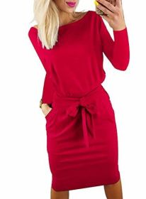 2023 Fashion Fall Dresses for Women Casual Long Sleeve Belted Party Bodycon Sheath Pencil Dress (Color: Red, size: large)