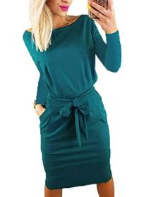 2023 Fashion Fall Dresses for Women Casual Long Sleeve Belted Party Bodycon Sheath Pencil Dress (Color: Dark Green, size: large)