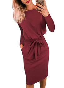 2023 Fashion Fall Dresses for Women Casual Long Sleeve Belted Party Bodycon Sheath Pencil Dress (Color: Wine red, size: small)