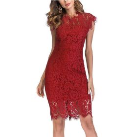 Women's Sleeveless Lace Floral Elegant Cocktail Dress Crew Neck Knee Length for Party (Color: Red, size: M)