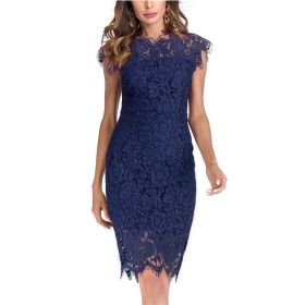 Women's Sleeveless Lace Floral Elegant Cocktail Dress Crew Neck Knee Length for Party (Color: Navy blue, size: M)