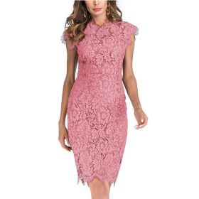 Women's Sleeveless Lace Floral Elegant Cocktail Dress Crew Neck Knee Length for Party (Color: pink, size: L)