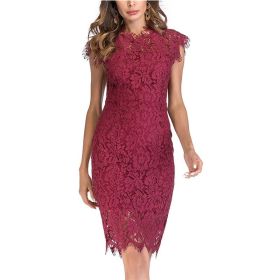 Women's Sleeveless Lace Floral Elegant Cocktail Dress Crew Neck Knee Length for Party (Color: Wine red, size: M)