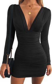 Women's Sexy Long Sleeve V Neck Ruched Bodycon Mini Party Cocktail Dress (Color: Black, size: medium)