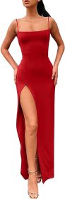 Women's Spaghetti Strap Backless Thigh-high Slit Bodycon Maxi Long Dress Club Party Dress (Color: Red, size: medium)