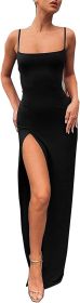 Women's Spaghetti Strap Backless Thigh-high Slit Bodycon Maxi Long Dress Club Party Dress (Color: Black, size: medium)