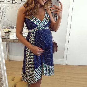 European and American women's new V-neck print stitching strap maternity dress (Color: Dark blue, size: XXL)