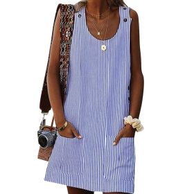 Women's New Summer Sleeveless Striped Button Pocket Dress (Color: Blue, size: XXL)