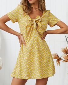 Spring and Summer New Fashion Women's Printed V-neck Short-sleeved Dress (Color: yellow, size: XL)