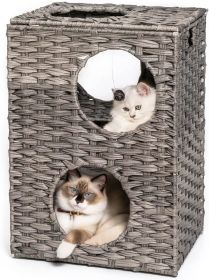 MEWOOFUNCat House Wicker Cat Bed for Indoor Cats Woven Rattan Cat Condos Outdoor (Color: Grey)