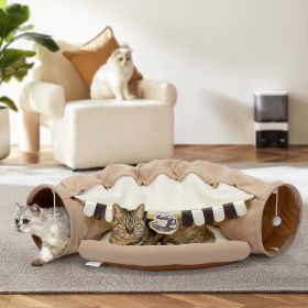 Collapsible Cat Tunnel Bed;  Hide Tunnel for Indoor Cats with Hanging Toys and Cushion Mat;  XH (Color: coffee)