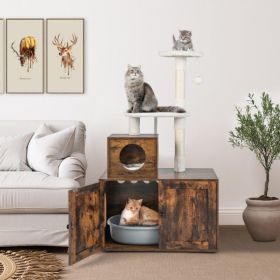 Cat Tree with Litter Box Enclosure with Cat Condo (Color: Rustic Brown)