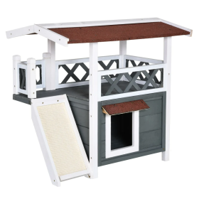 Indoor/Outdoor Cat House 2-Story Wooden Kitten Condo With Balcony Roof (Color: Grey & White, size: 30"x20"x29")